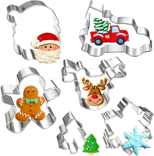 Christmas Cookie Cutters 6Pcs Large, Christmas Theme Shapes Cookie Cutters Santa Claus Gingerman Truck Elk Snow Mini Tree, Metal Dough Fondant Biscuit Molds for Kitchen