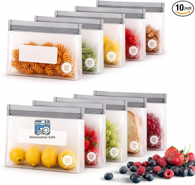 Reusable Food Storage Bags – 10-Pack Stand-Up, BPA-Free, Freezer, Dishwasher Safe, & Eco-Friendly – 5 L, 5 M Bags – Airtight Leakproof Sandwich, Snack, Travel & Make-Up baggies (Grey) by DoubleQuableZip-it