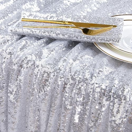 90x156 Inch Rectangle Sequin Tablecloth Glitter Silver Wedding Table Linens - Image 3