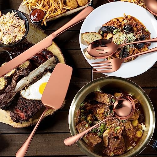 Copper Utensils Serving Set Rose Gold Stainless Steel Flatware Cake Knife Sever Fork Large Spoon Spatula Catering Silverware Complete 7 Pieces for Home Party Buffet - Image 2