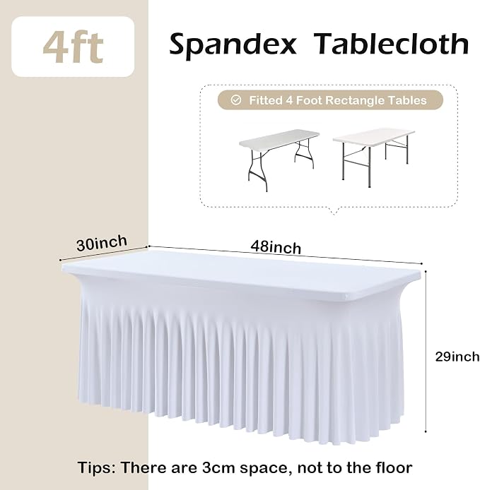 2 pk White Spandex Tablecloth 4ft with Ruffle Table Skirt, Wrinkle Free High Stretch Fitted Tablecloths for 6 Foot Rectangle Tables, Elastic Spandex Table Covers 6ft for Parties Weddings Banquet - Image 5