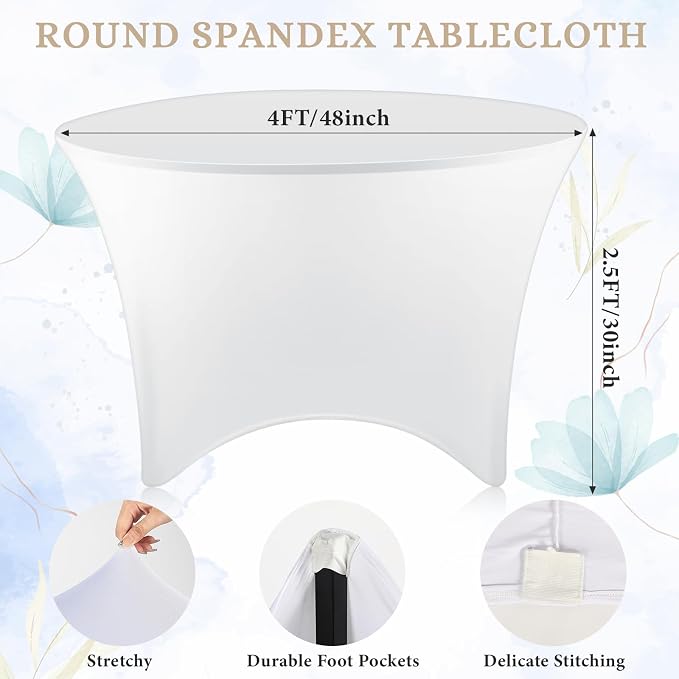 Preboun 8 Pack 48 Inch/ 4 FT Spandex Round Tablecloth White Fitted - Image 2