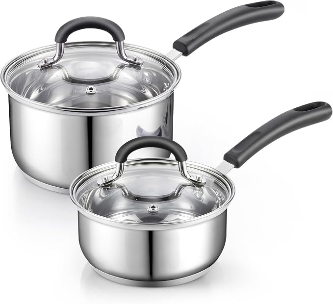 Cook N Home Professional 1 Quart and 2 Quart Stainless Steel Saucepan Set with Lids, Small Kitchen Induction Cooking Sauce Pot Pan, Stay-Cool Silicone Handle, Dishwasher Safe by CookNHome