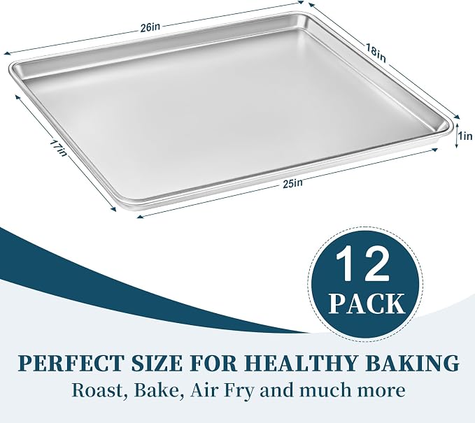 Full Size Commercial Quality Baking Sheet Pan, Bastwe Aluminum Cookie Tray Pan for Oven, Freezer, Bakery, Hotel Restaurant, Thick Steel Rim Prevents Warping (12 Pack, 26 x 18 Inch) - Image 6
