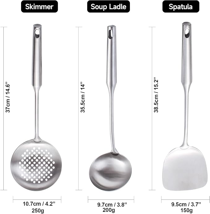 Wok Utensils for Carbon Steel Stainless Steel Wok Spatula Wok Tools | Professional Set, 3-Pieces Food-Grade 304 Stainless Steel Cooking Utensils All Metal, Dishwasher Safe - Image 7