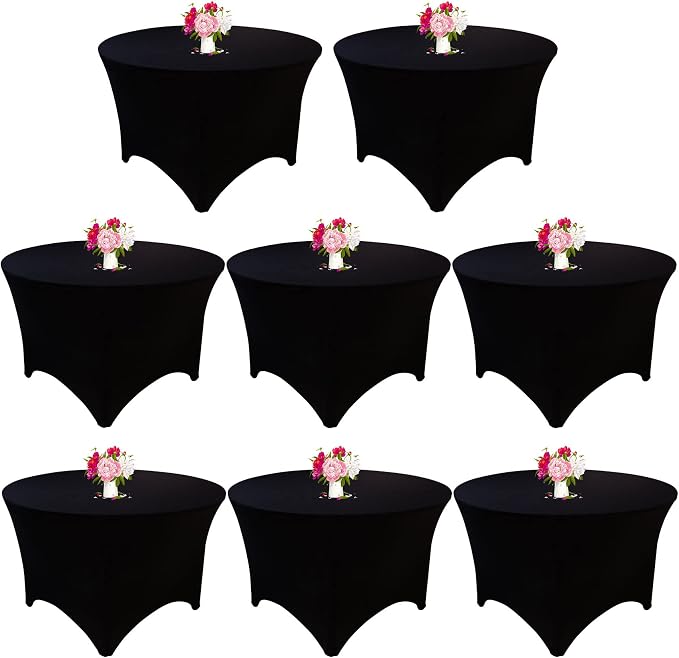 8 Pack 5FT Round Spandex Tablecloth 60” Black Table Cover, Round Table Cloth Washable Wrinkle Resistant Fitted Stretch Table Cover for Wedding Party Birthday Banquet Bar Events by JALANCY