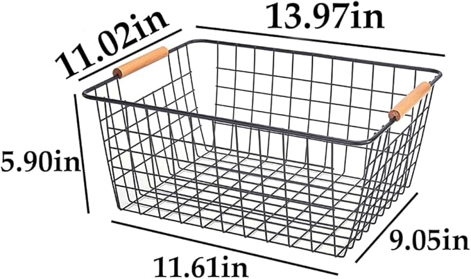 LeleCAT Large black wire baskets with Wooden Handles for storage pantry, Storage Organizer Baskets, Household Refrigerator for Cabinets, Closets, Bedrooms, kitchen - Set of 3 Black - Image 2