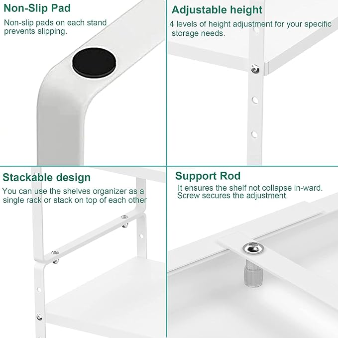 iPEGTOP Expandable Cabinet Storage Shelf Organizer Rack, Heavy Duty Cupboard Stand Spice Rack Adjustable Height Garage Pantry Shelf Space Riser for Counter Kitchen Organization, White, 3 Pack - Image 7