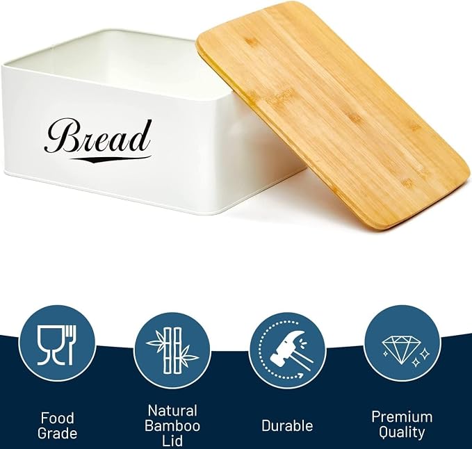 RoyalHouse Modern Metal Bread Box with Bamboo Cutting Board Lid, (Pack of 2) Total 2 Bread Box, Bread Storage Container for Kitchen Counter, Vintage Kitchen Decor Organizer - Image 3