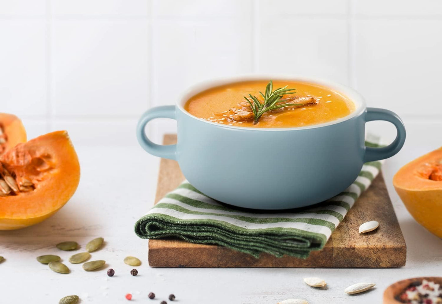 KooK Soup Crocks, Ceramic Bowls, Broil, Oven, Microwave and Dishwasher Safe, with Handles, For Casserole, Pasta, Cereal, 18 oz, Set of 4 (Pale Blue)