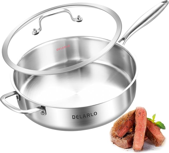 DELARLO Tri-Ply Stainless Steel 7QT Jumbo Cooker Saute Pan With Lid, 12.5 Inch Deep Frying Pan, Induction Large Skillet, Cooker Pan for Chefs, Dishwasher & Oven Safe by DELARLOCOOKWARE