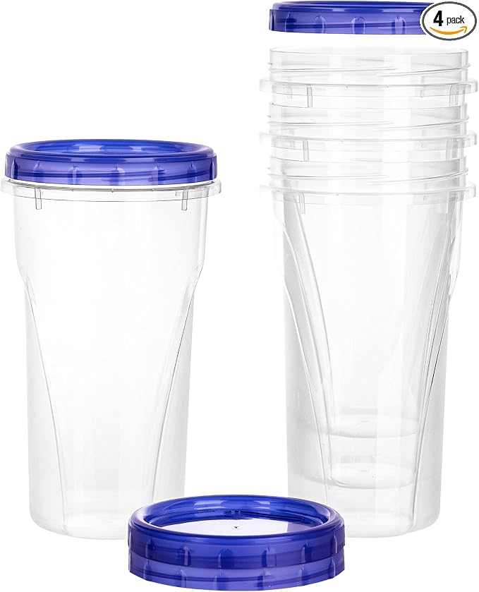 PLASTICPRO [48 oz 4 Pack] Twist Top Deli Containers Clear bottom With blue Top Twist on Lids Reusable, Stackable, Food Storage Freezer Container Pack of 4 by PLASTICPRO