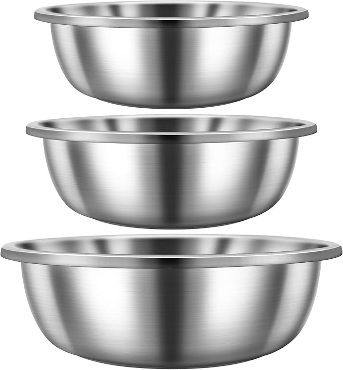 Domensi Set of 3 Extra Large Stainless Steel Mixing Bowls Large Mixing Container Easy to Clean, Nesting Bowls for Space Saving Storage for Cooking, Baking(201 Stainless Steel,13, 16, 20 Quart) by Domensi