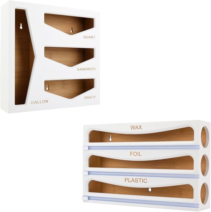 Bamboo Bag Organizer and Wrap Dispenser Bundle for Kitchen Drawer and Wall Mount (White) by CozeeBay