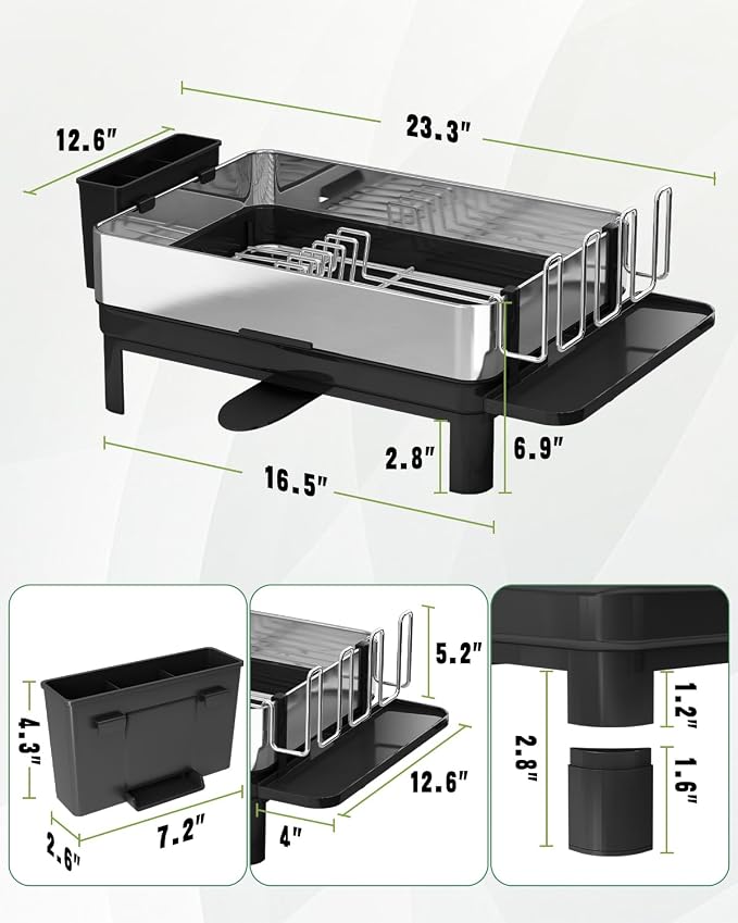 BOOSINY 1 Tier Large Stainless Steel Dish Drying Rack with Drain Board - Image 3