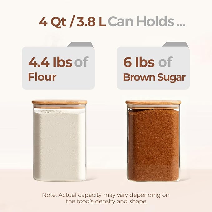ComSaf Flour Sugar Storage Containers 4 Qt, Set of 2 Glass Flour Container | 1 Gallon Large Glass Storage Containers, 15cm Extra Wide Mouth Canisters, Easy Clean and Scoop, 4.4lb Flour Jar, BPA Free - Image 3
