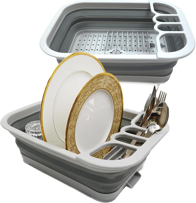 SAMMART Set of 2 Collapsible Dish Drainer with Drainer Board - Foldable Drying Rack Set - Portable Dinnerware Organizer - Space Saving Kitchen Storage Tray (2, Grey) by SAMMART