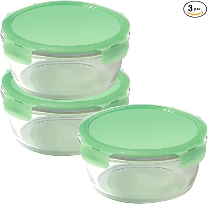 LocknLock Eco Ovenglass Glass Food Containers with Lids Set of 3 - Airtight, Leakproof Round Food Storage Containers with Recycled Plastic Lids, Oven Safe, Dishwasher Safe, 3 x 950ml by LocknLock