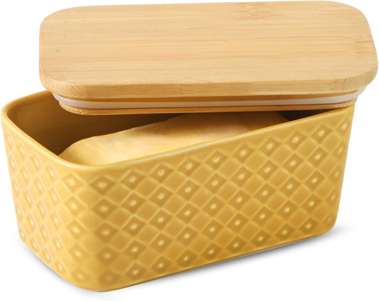 Ceramic Butter Dish with Lid,Large Butter Container with Airtight Cover for Countertop or Refrigerator,Farmhouse Kitchen Butter Holder for Gift,Dishwasher Safe,Yellow Embossed Pattern