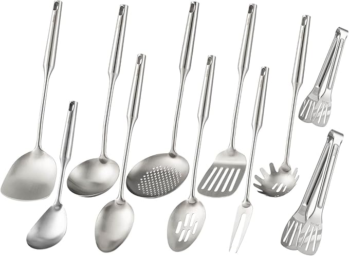 18/10 Stainless Steel Cooking Tools Set - 11PCS All Metal Kitchen Utensils | Round Handle Utensils - 2 Tongs, Fork, Solid Slotted Spoon, Spatula, Soup Ladle, Skimmer, Turner, Spaghetti, Large Spoon by Standcn