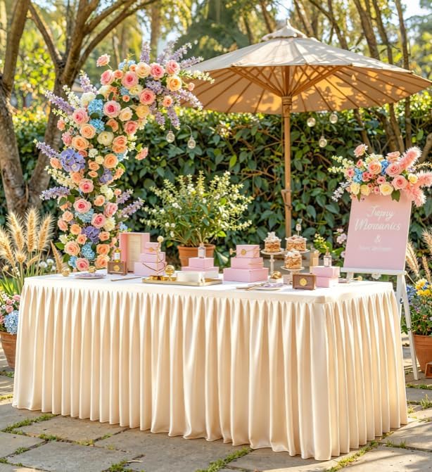 Champagne Polyester Table Cloths for Rectangle 4 Foot Tables, 2 Pack Wrinkle Free Tablecloths Stretchy Banquet Ruffle Fitted Table Cover Desk Skirt for Parties Wedding Birthday Baby Shower - Image 2