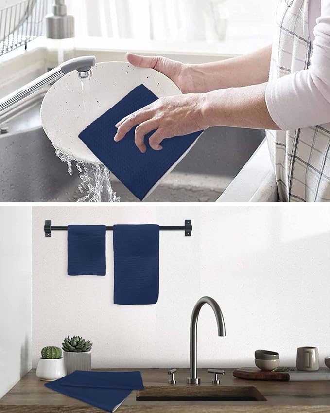 Navy Blue Dish Towels Set, Waffle Weave Kitchen Towels Microfiber Towels Cleaning, Contemporary Minimalist Abstract Solid Color Soft Absorbent Dish Drying Towels Hand Towels 4 Pack 15.7x23.6 Inch - Image 6