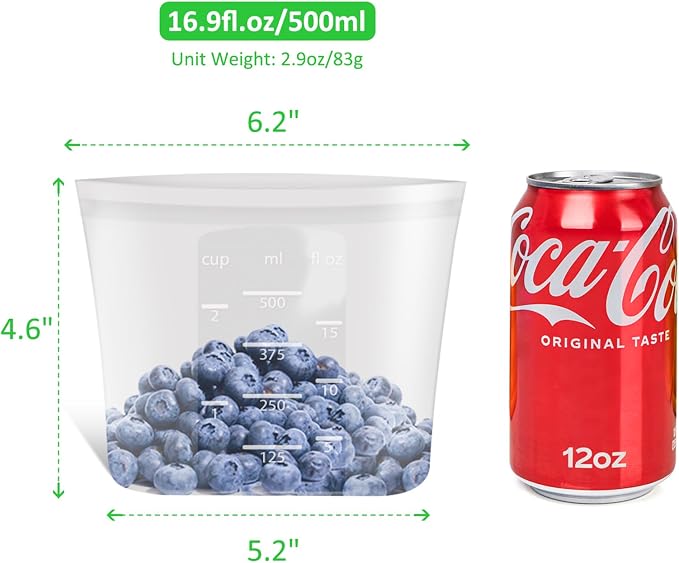 100% Platinum Silicone Reusable Food Storage Bags, 4 Pack, 17fl.oz/500ml | Premium Silicone Reusable Storage Bag, Stand-Up Wide-Mouth Ziplock, X-Small Size, Freezer Microwave Dishwasher Safe, Clear - Image 3