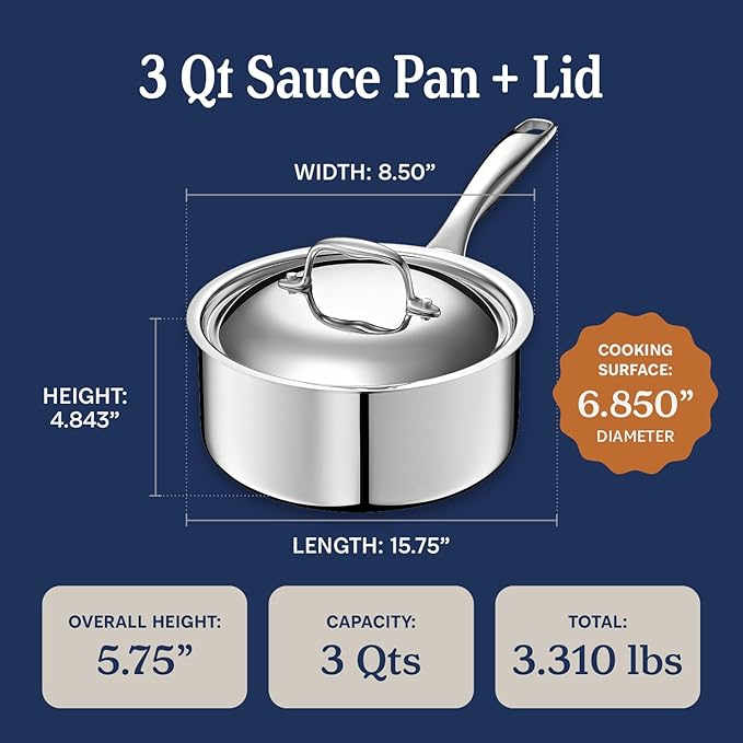 LEGEND COOKWARE 5-Ply Stainless Steel 3-Quart Sauce Pan with Lid - Induction Compatible, Oven Safe 800°F - Non-Toxic, No Coatings - Even Heating, Won't Warp - Built to Last Generations - Image 6