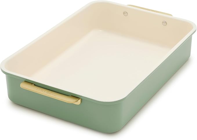 GreenPan Bakeware 13” x 9” Rectangular Cake Pan, Ceramic Nonstick Baking Pan, PFAS & BPA Free, Gold Handles, Durable Steel, Freezer to Oven Dish, Scratch Resistant, Bake & Roast Ovenware, Sage Green by GreenPan