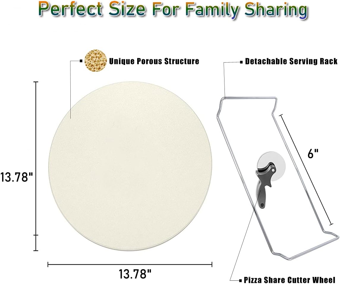 13 Inch Round Pizza Stones for Grill and Oven, Cordierite Baking Stones Set with Serving Rack & Cutter, Durable and Safe Cooking Stone Pan for Bread
