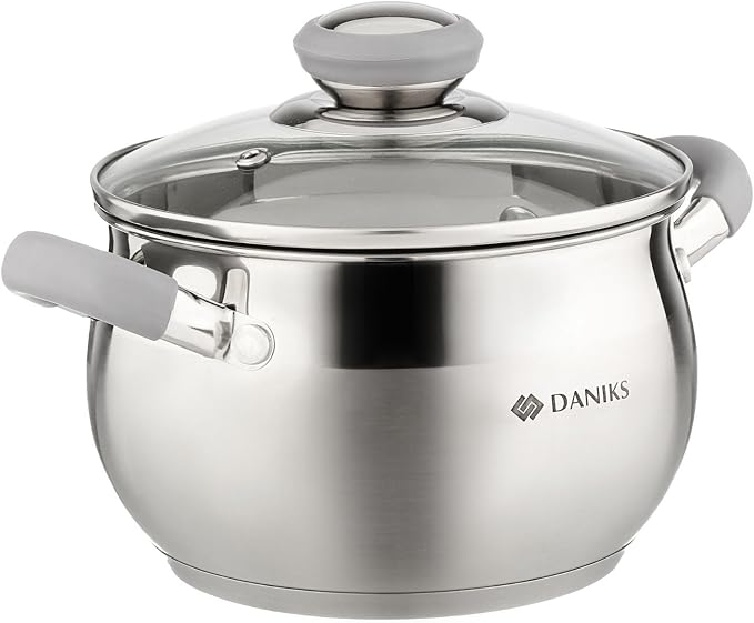 Daniks Modern 2 Quart Stainless Steel Stock Pot with Glass Lid, Tri-Ply Bottom for Even Heating, Induction Compatible, Dishwasher Safe, Heatproof Handles by Daniks