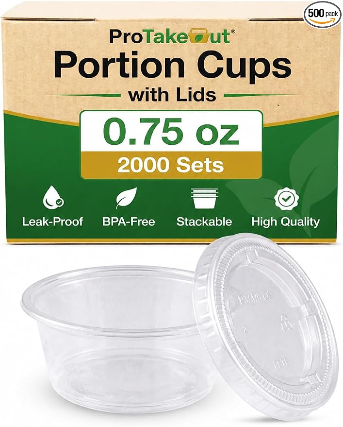 0.75-5.5 oz Plastic Portion Cups with Lids, 100-2000 Count, Dessert Cups with Lids, Jello Shot Cups with Lids, Small Plastic Cups for Salad Dressing & Condiments (500, 0.75, ounces) by ProTakeOut