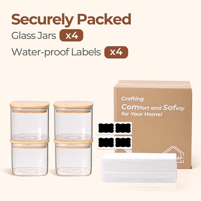 ComSaf Square Glass Containers with Lids 0.7 Qt, Set of 4 Pantry Glass Jars | Glass Storage Containers with Lids, Small Canisters, Spice Jar, Bamboo Lid with Silicone Seal, Size For Subpackage, BPA Free - Image 8