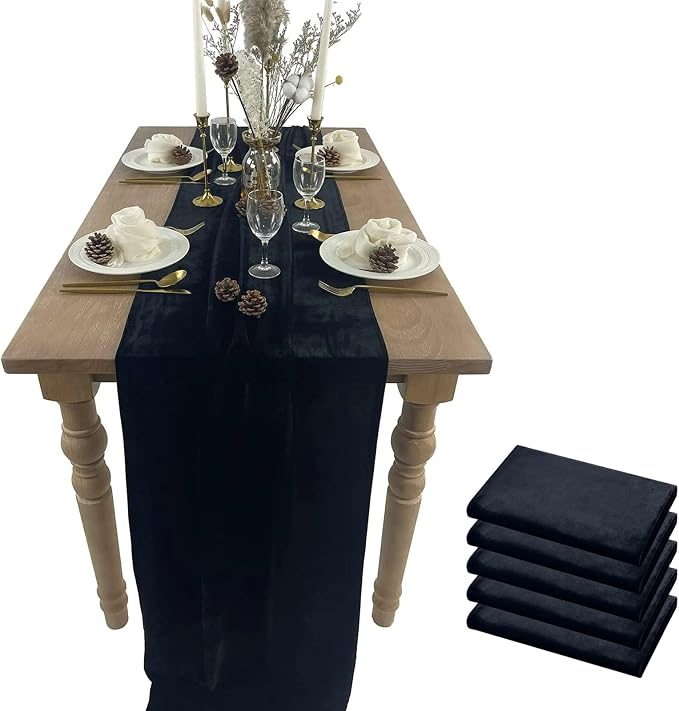Luxurious Velvet Table Runner, 10ft Wedding Reception Decorations, 20x120inch Soft Velvet Fabric, Table Linen Overlay, Wedding Table Runners (Black, 20X120inch, 5pack) by EHLDekol