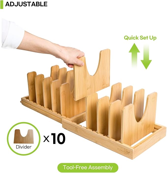 Pots and Pans Organizer under Cabinet Expandable Bamboo Pot Lid Holder Rack - Image 3