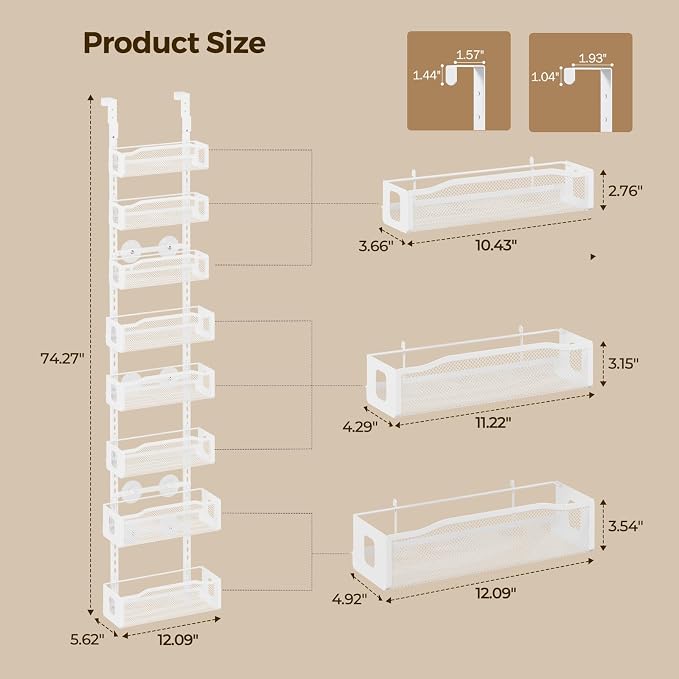 Delamu 8 Tier Over the Door Pantry Organizer, 2in1 Hanging or Wall Mount Spice Rack Seasoning, Adjustable Heavy-Duty Narrow Pantry Door Organizer and Storage for Kitchen Cabinet and Bathroom,12" White - Image 6