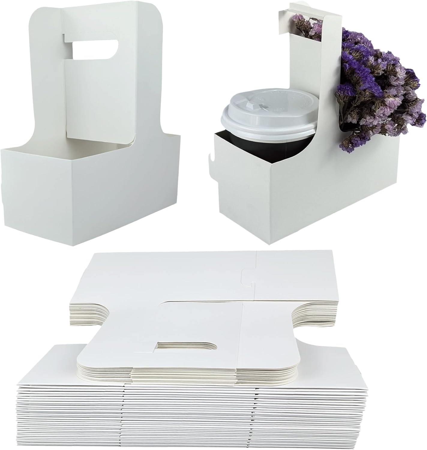 30 Pack 2-Cup Drink Carrier with Handle, Disposable White Cardboard Paper Cup Holder for Cold/Hot Drinks,Cup Carrier for Coffee or Food Delivery, Take Out Cup Carriers, Mlfklmkl