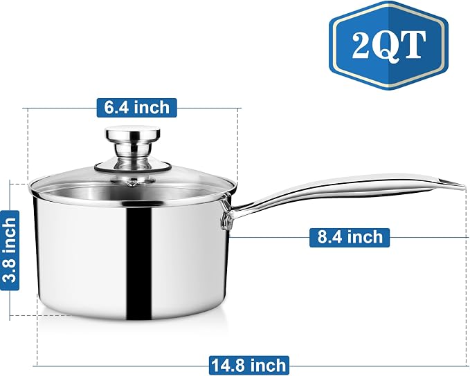 P&P CHEF 2 Quart Tri-Ply Saucepan with Visible Lid, Small Pot, 1 Piece - Image 2