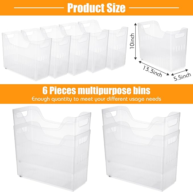 Qunclay 6 Plastic Freezer Organizer Bins with Wheel Set Clear Tall Narrow Kitchen Pantry Organizer Snack Storage Containers for Office Refrigerator(10 x 13.3 x 5.5 Inches) - Image 2