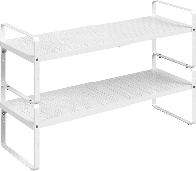 Expandable Cabinet Shelf Organizer Adjustable Metal Spice Rack Stackable Freestanding Counter Storage Shelves for Kitchen Cabinet Under Sink Office Desk (White - 2Pack - L16.5-27'' * W10.2'' * H9.6'') by Suzlon
