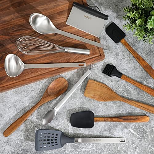 Babish 11 Piece Essential Teak Wood, Silicone, and Stainless Steel Tool Set - Image 2