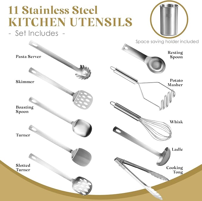 Bartnelli 11-Piece Kitchen Utensils Set with Holder - Non-Stick Stainless Steel Cooking Utensils with Heat-Resistant Handle - Includes Cooking Spoons, Potato Smasher, Slotted Turner, Whisk, and More - Image 2