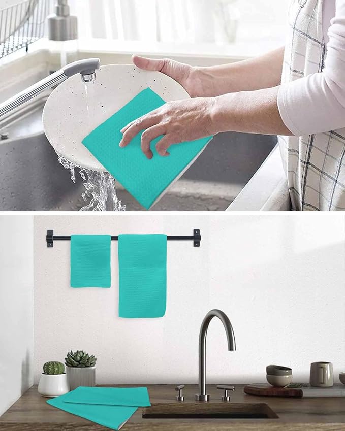 Turquoise Dish Towels Set, Waffle Weave Kitchen Towels Microfiber Towels Cleaning, Modern Minimalist Casual Traditional Solid Pure Color Soft Absorbent Dish Drying Towels Hand Towels 4 Pack 12x12 Inch - Image 6