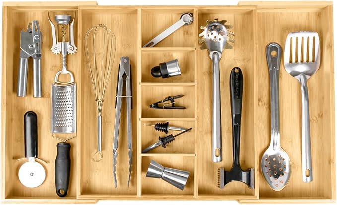 KitchenEdge Utensil & Junk Drawer Organizer, 16-28 in, Bamboo | Food-safe contract grade, 100% sustainable wood, non-slip, adjustable by KitchenEdge