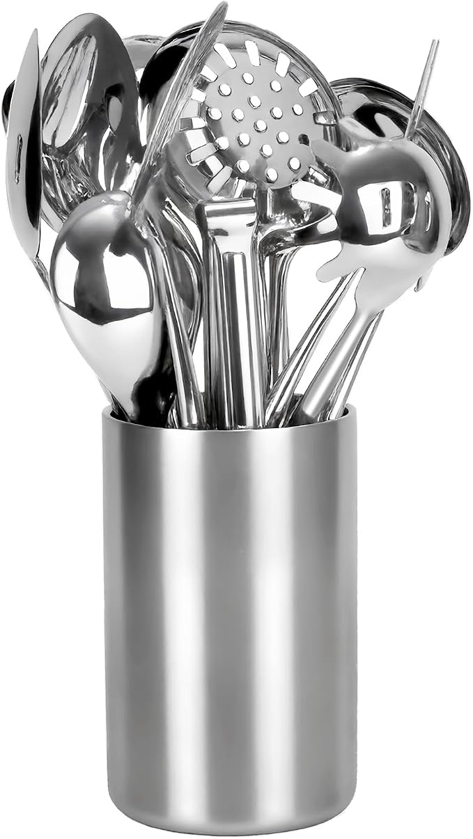 304 Stainless Steel Cooking Utensils Set for Kitchen Utensils Set with Holder, 12 PCS Large Metal Cooking Utensil Tools Set with Holder,Fork,Spatulas,Spoons,Skimmer,Ladle,Tong by Unknown