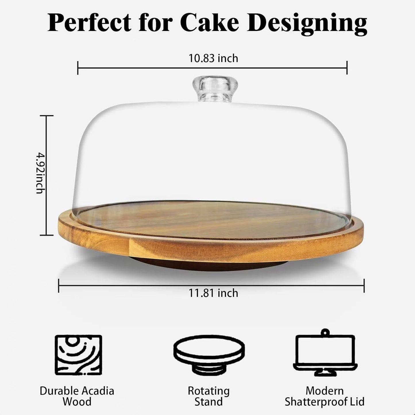cutesun Wood Cake Stand with Lid, 12in Acacia Wood Cake Plate with Cover, Wooden Cake Display Stand with Acrylic Dome, Cake Holder Tray for Wedding Gift，Kitchen,Birthday,Parties,Baking Gifts