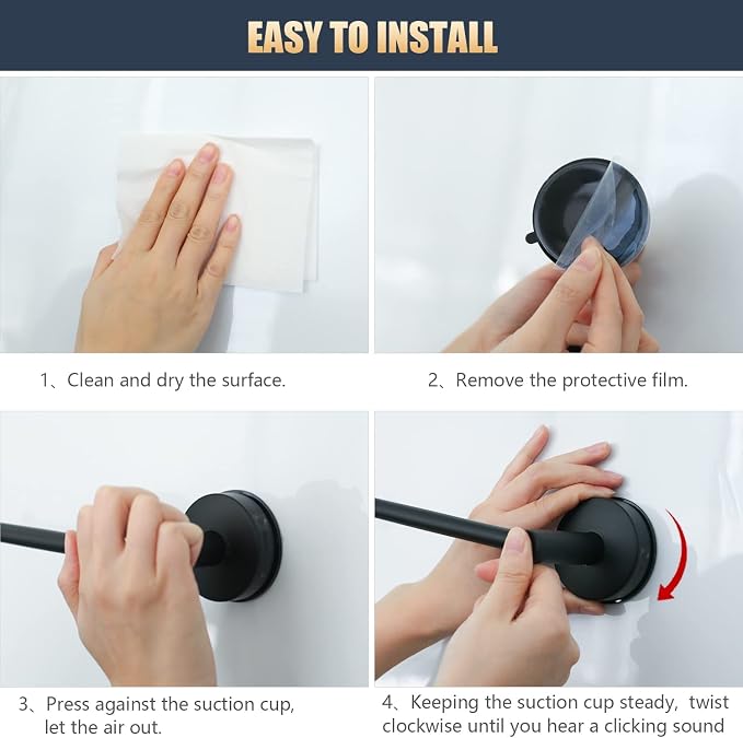 DGYB 2 Pcs Adjustable Suction Cup Towel Bar for Bathroom 14-27 Inch Matte Black Towel Rack No Drill Removable Shower Towel Holder for Glass Door Tile - Image 6