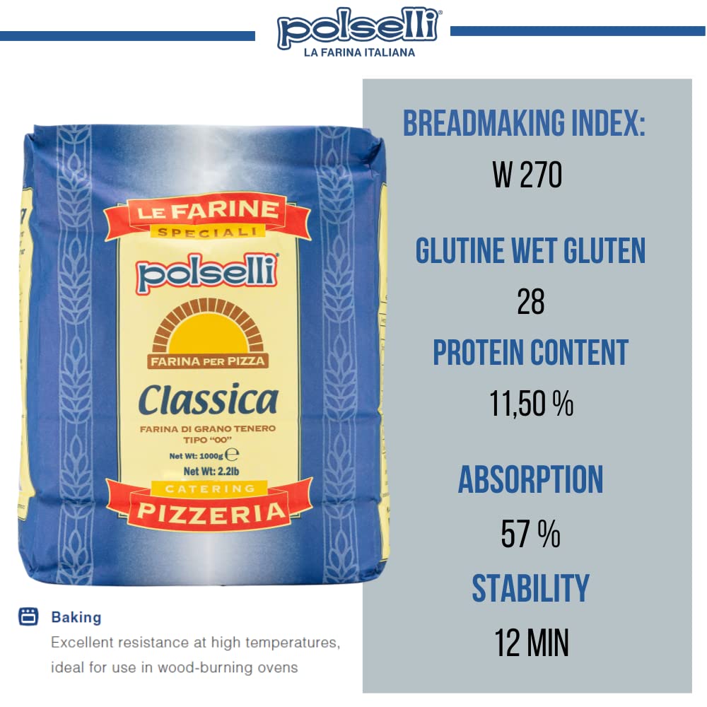 POLSELLI Classica, Tipo "00" Double Zero Flour Extra Fine, 11 lbs (5 kg), Neapolitan Italian Pizza, Bread, Pasta, and more, All Natural, Unbleached, Unbromated, No Additives