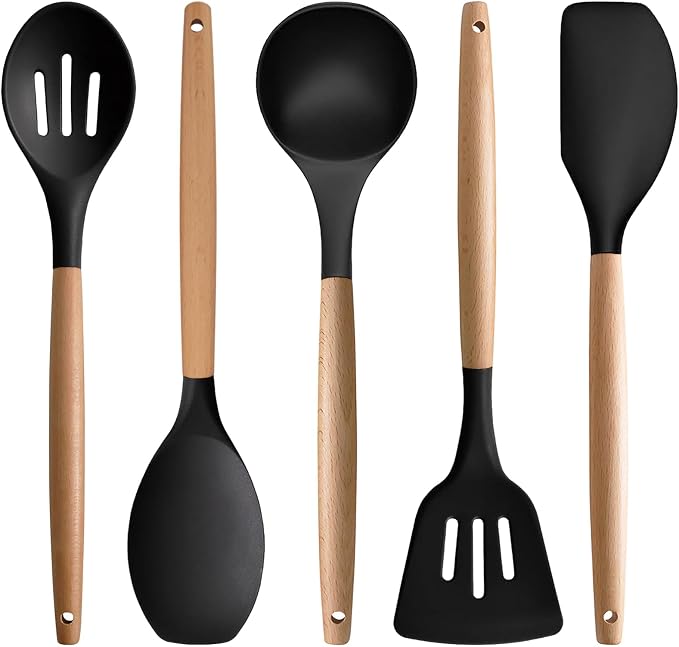 Silicone Cooking Utensils Set of 5, Heat Resistant Silicone Kitchen Utensils Set with Wooden Handle, BPA Free Spatula Spoon Turner Ladle Cooking Kitchen Gadgets for Nonstick Cookware & Baking by IOCBYHZ
