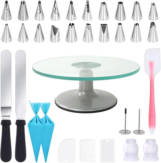 Uten Cake Turntable Glass Stand 12", Baking Decorating Tools Set 33pcs | 8mm-Thick Flat Surface Glass Cupcake Stand, 33 pcs Cake Supplies Kit, Ideal Gift for Beginners and Professionals by UTENHOMEGOODSCENTER